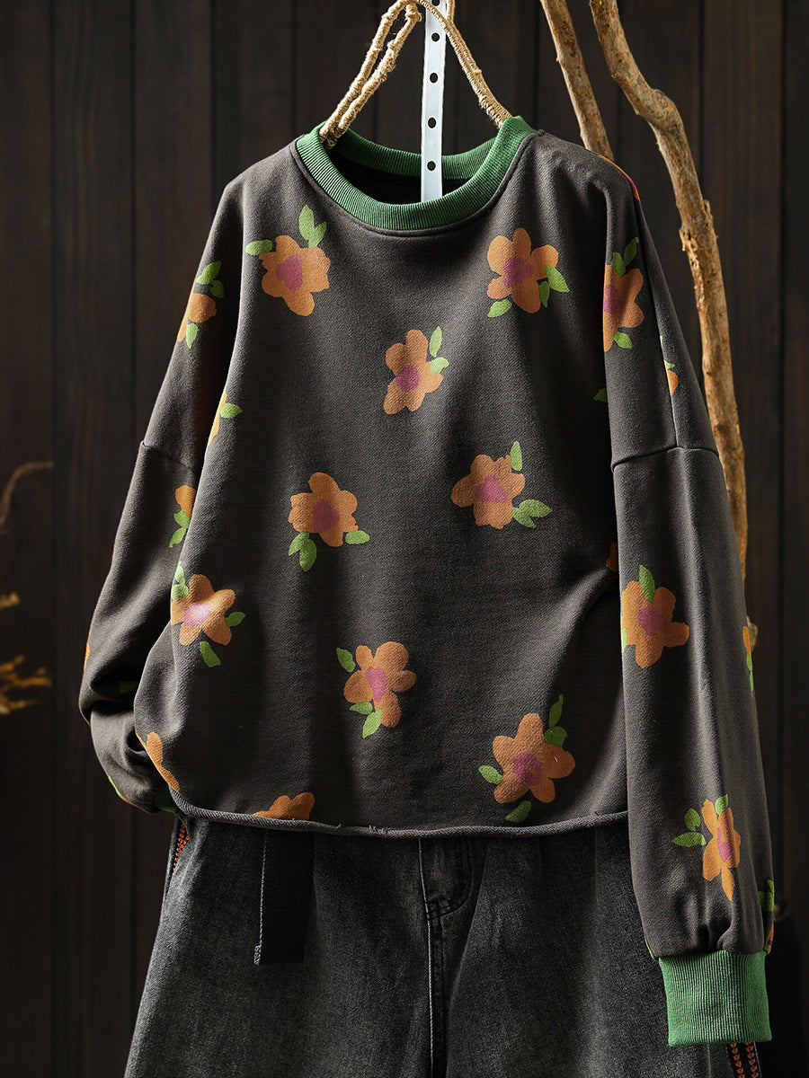 Women Casual Floral Cotton Loose Sweatshirt
