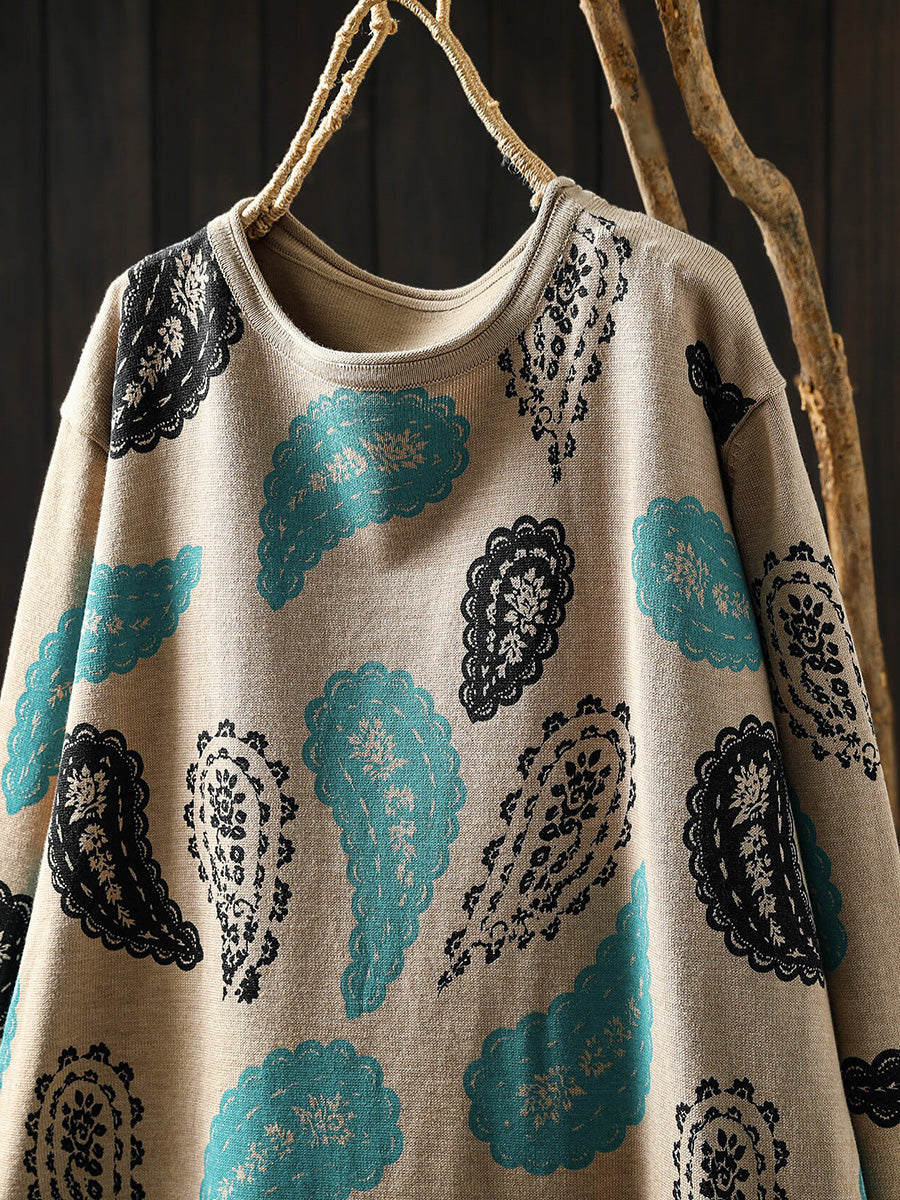 Women Autumn Artsy Print Long Sleeve Loose Casual Knit Dress