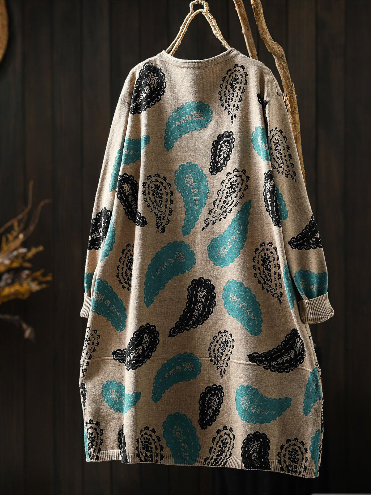 Women Autumn Artsy Print Long Sleeve Loose Casual Knit Dress