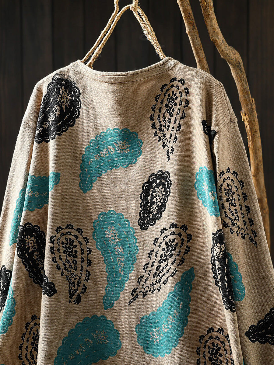 Women Autumn Artsy Print Long Sleeve Loose Casual Knit Dress