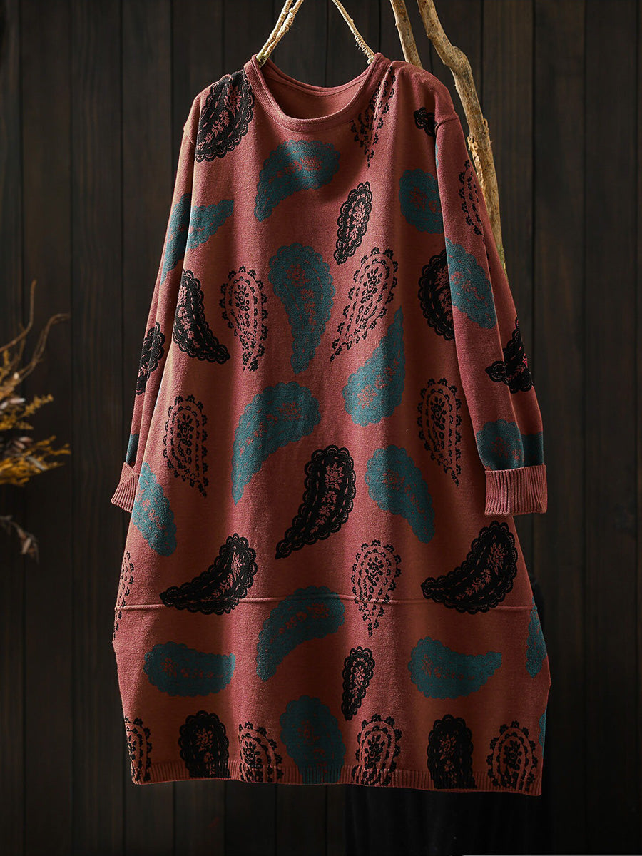 Women Autumn Artsy Print Long Sleeve Loose Casual Knit Dress