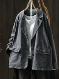 Women Fall Casual Solid Flap Pocket Cotton Jacket