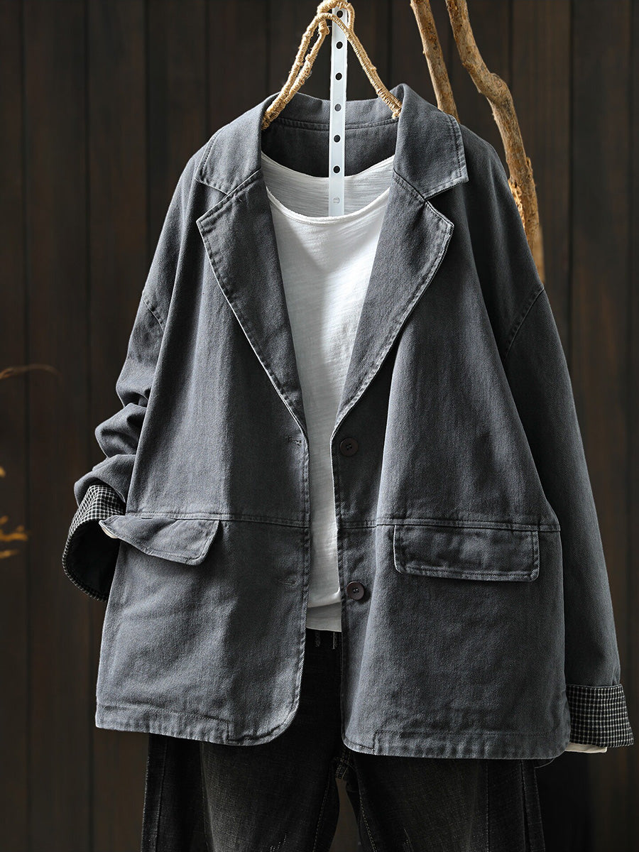 Women Fall Casual Solid Flap Pocket Cotton Jacket
