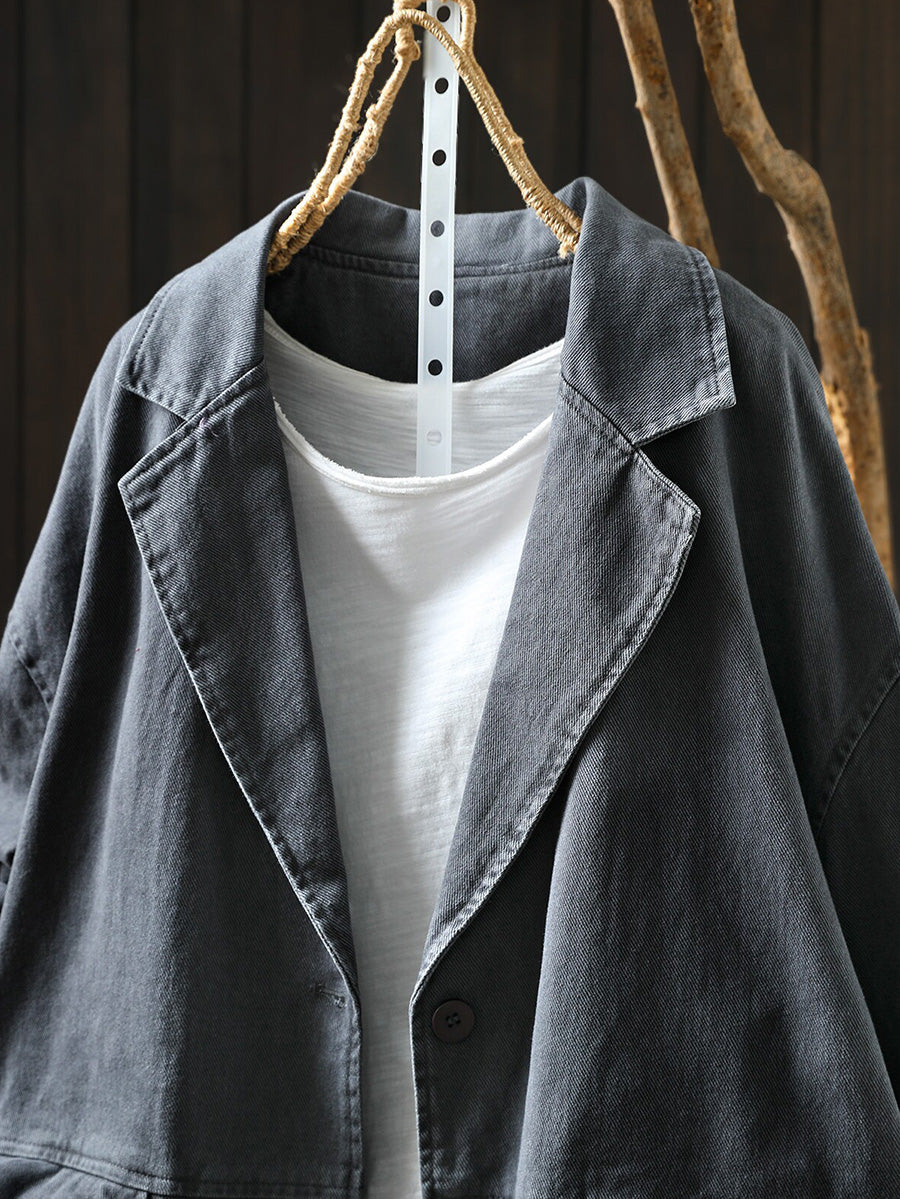 Women Fall Casual Solid Flap Pocket Cotton Jacket