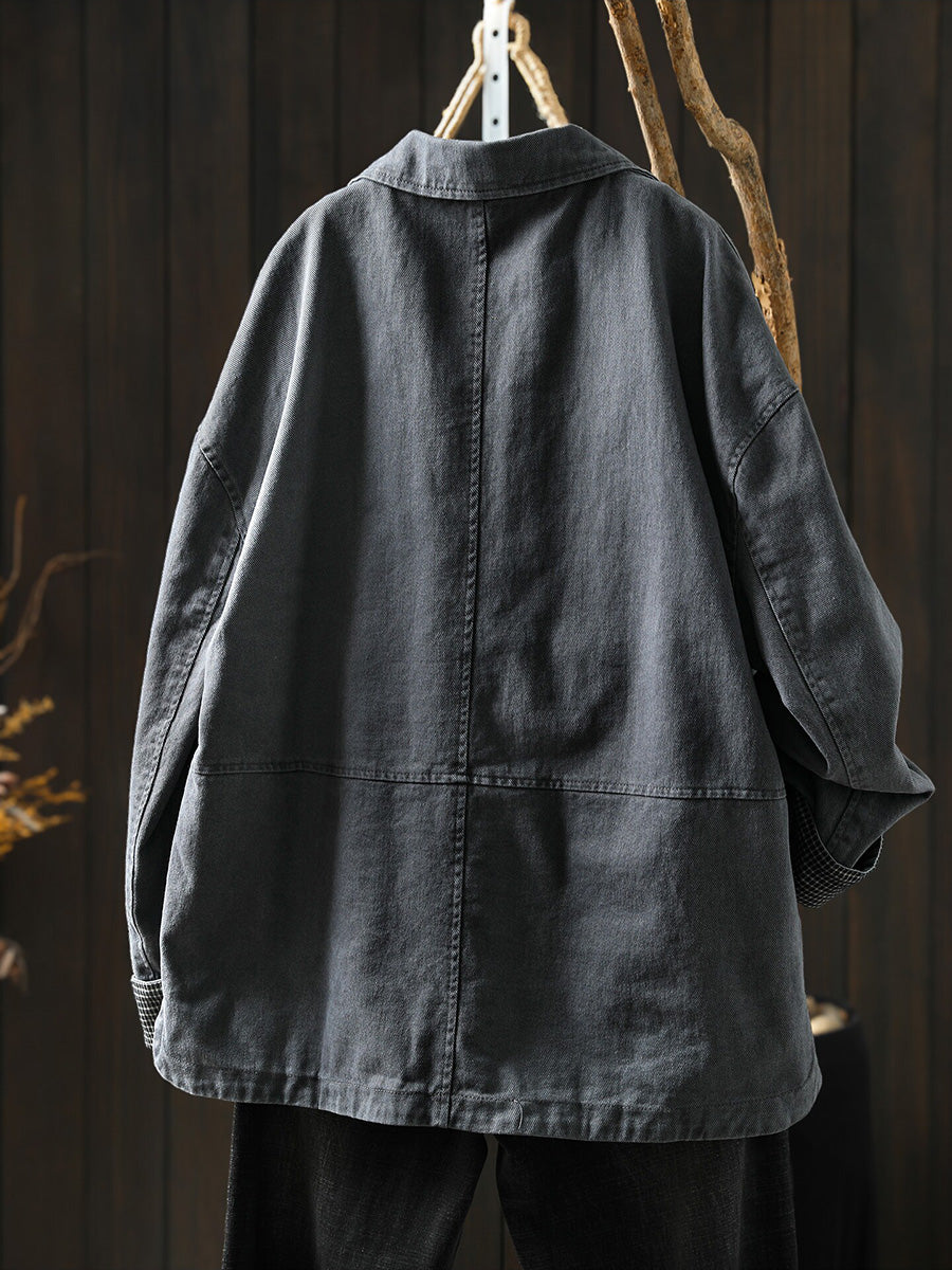 Women Fall Casual Solid Flap Pocket Cotton Jacket