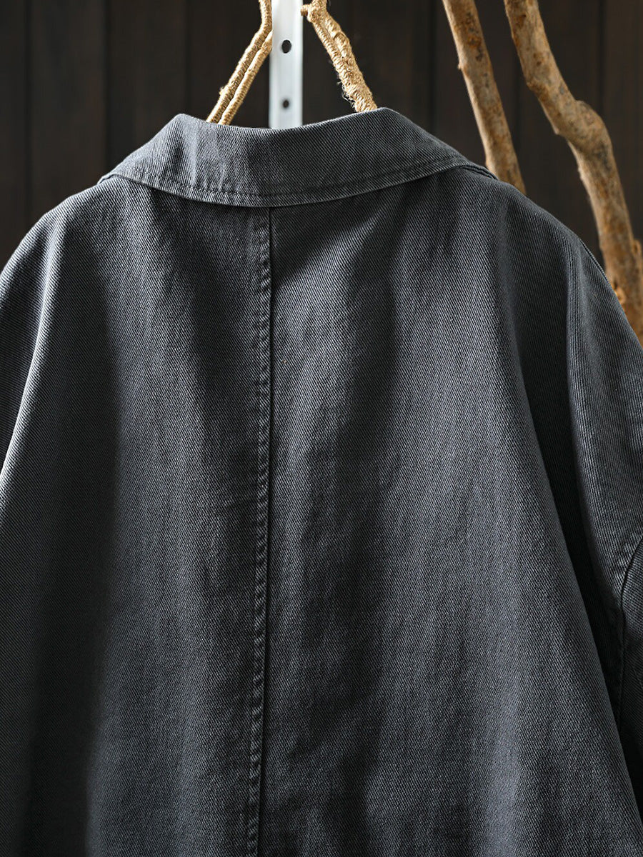 Women Fall Casual Solid Flap Pocket Cotton Jacket
