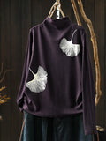 Women Fall Print Artsy Cotton Long Sleeve Mock Neck Top