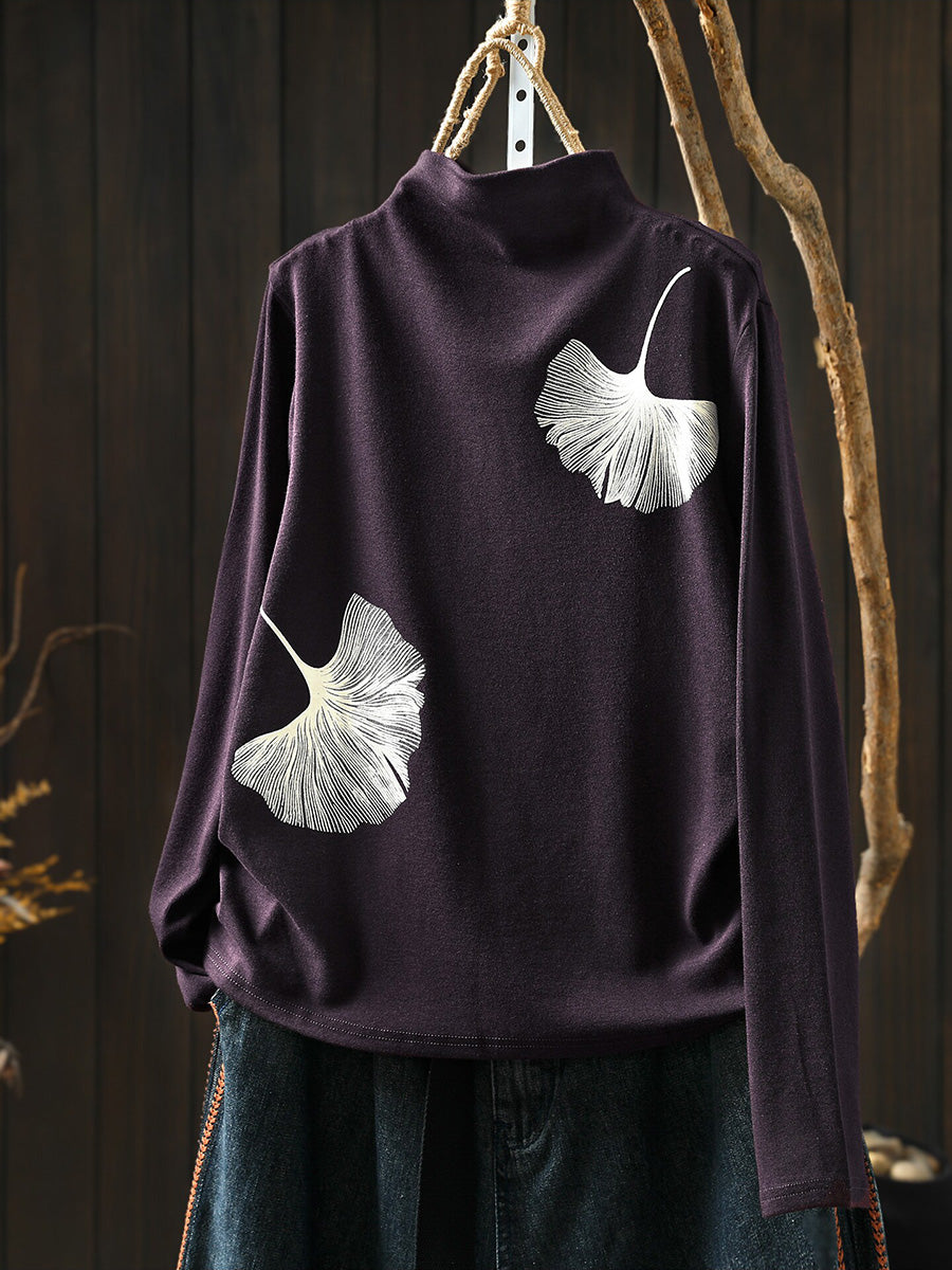 Women Fall Print Artsy Cotton Long Sleeve Mock Neck Top