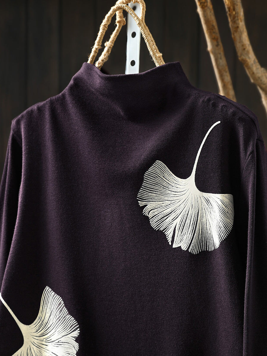 Women Fall Print Artsy Cotton Long Sleeve Mock Neck Top