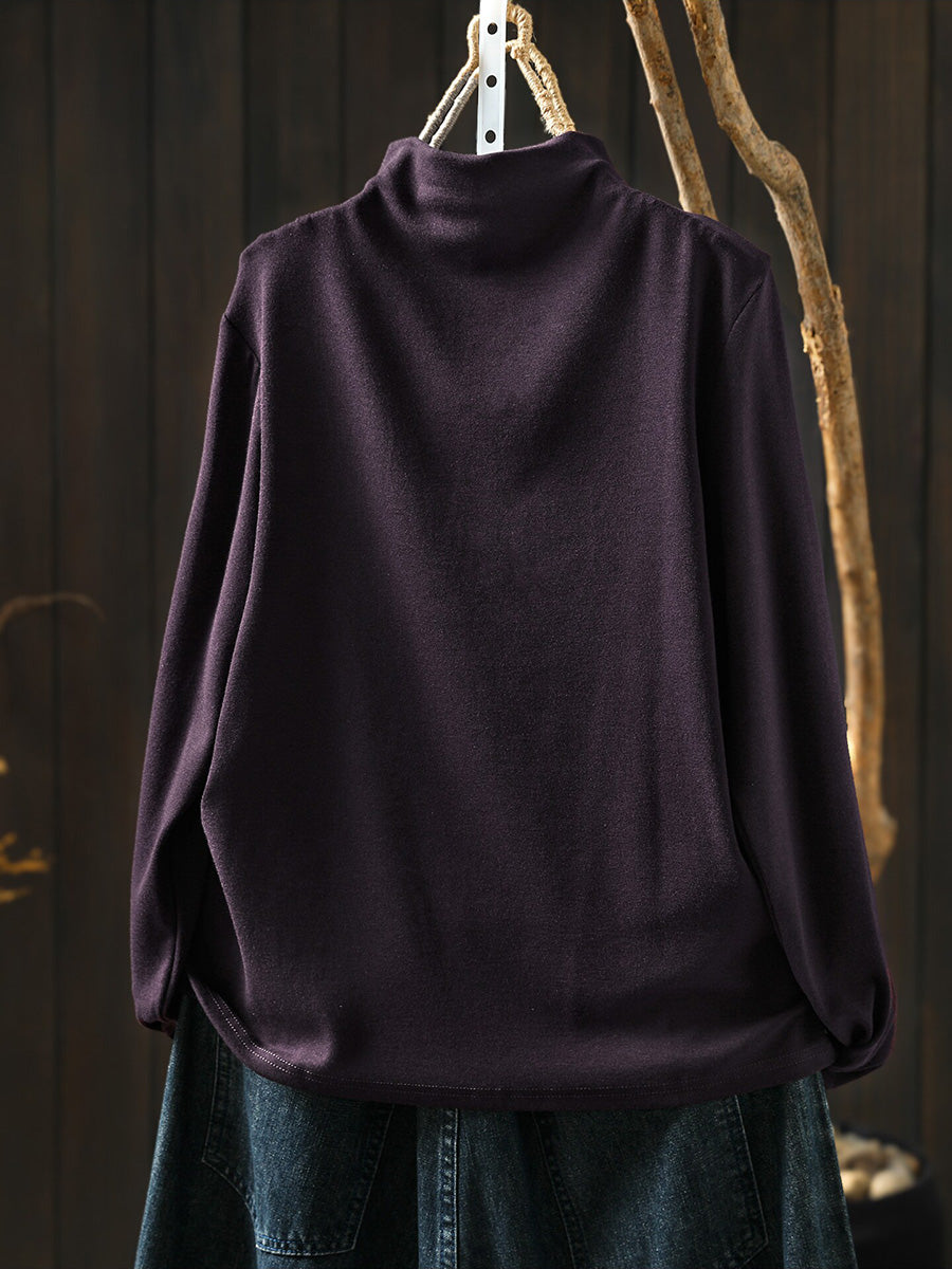 Women Fall Print Artsy Cotton Long Sleeve Mock Neck Top