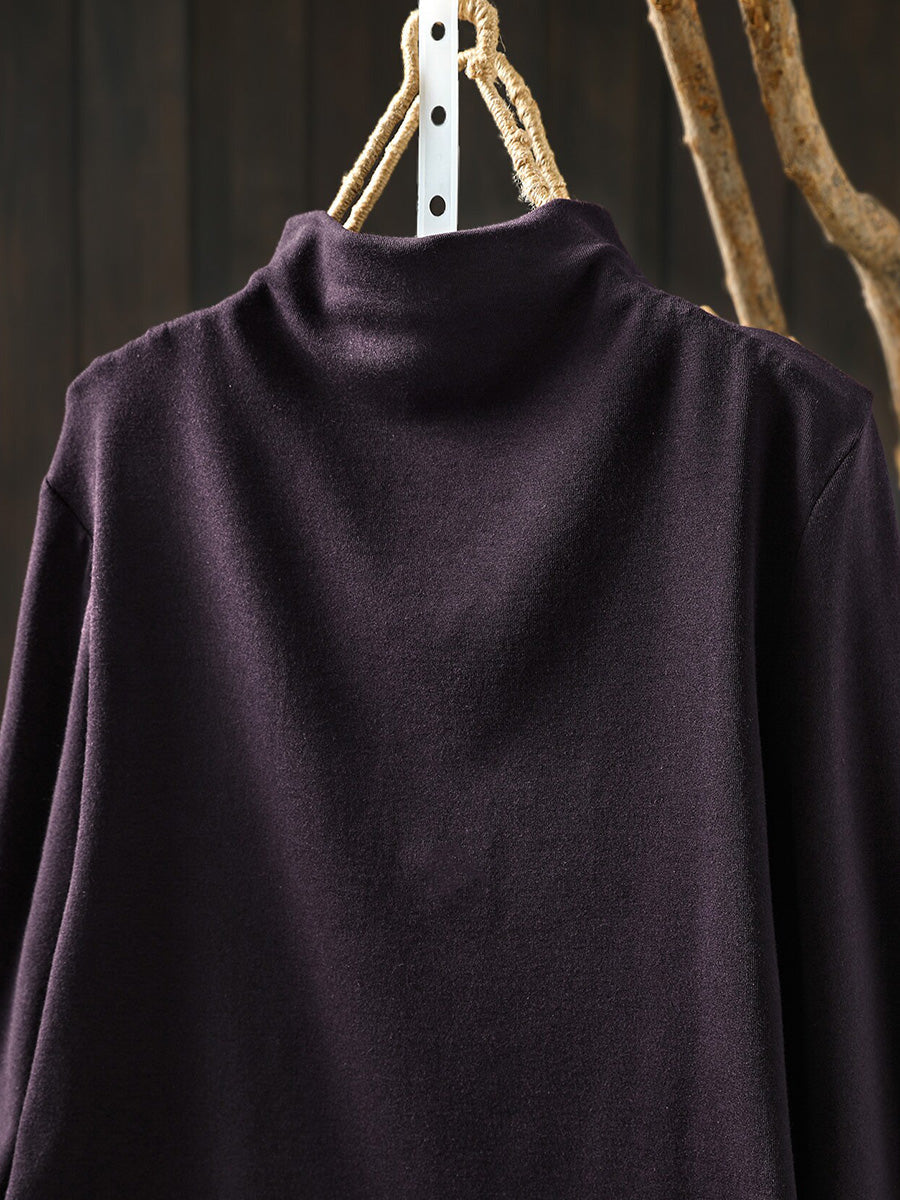 Women Fall Print Artsy Cotton Long Sleeve Mock Neck Top