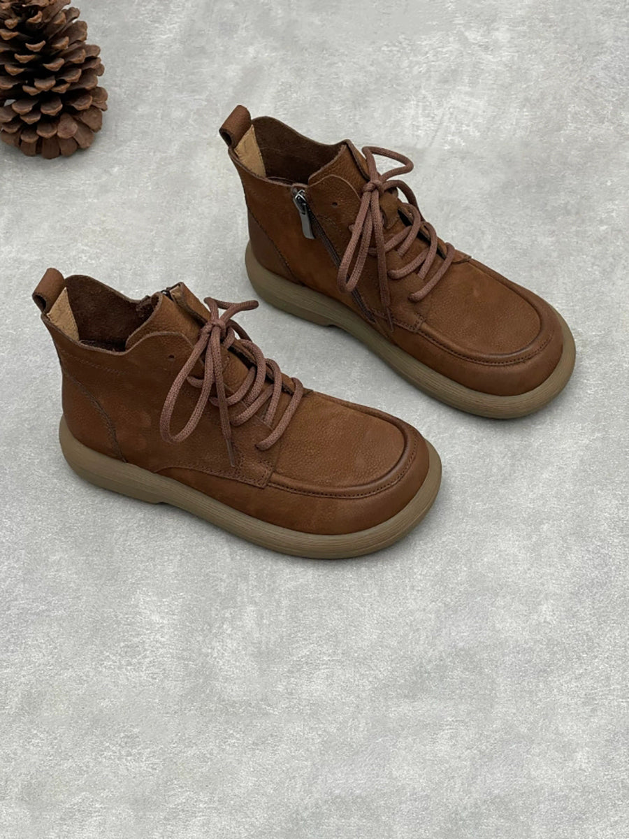 Women Retro Literary Soft Leather Flat Martin Boots