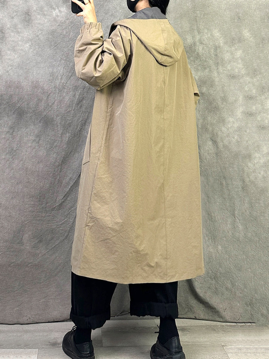Women Casual Reversible Mid-Long Hooded Trench Coat