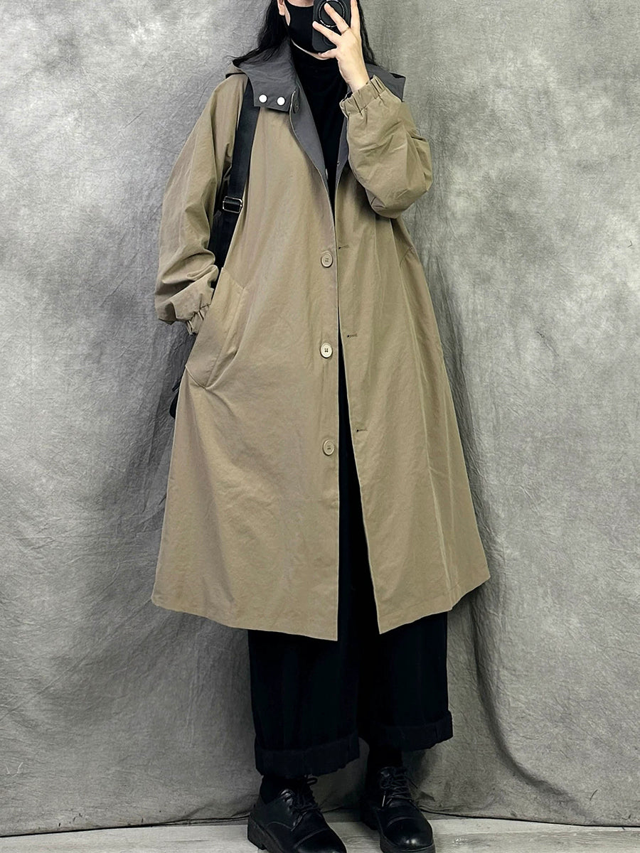 Women Casual Reversible Mid-Long Hooded Trench Coat