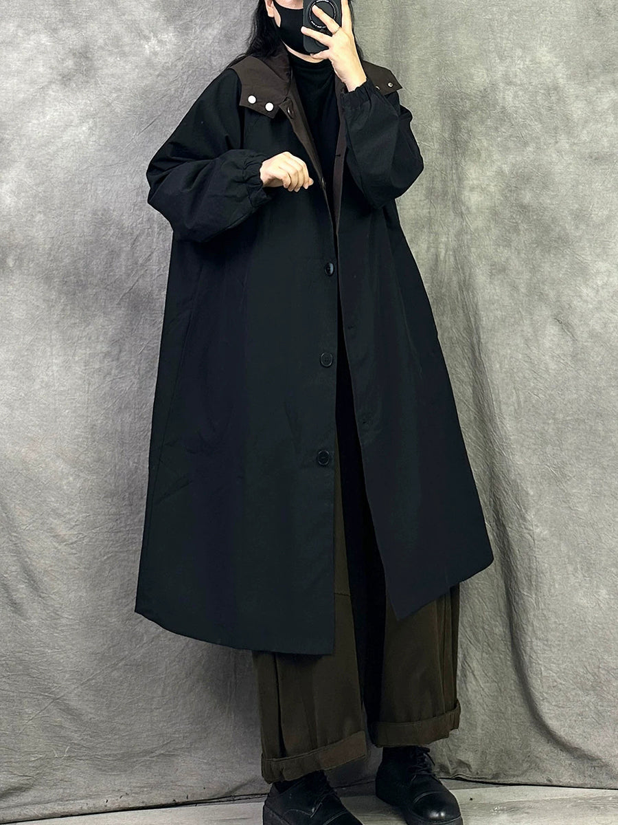 Women Casual Reversible Mid-Long Hooded Trench Coat