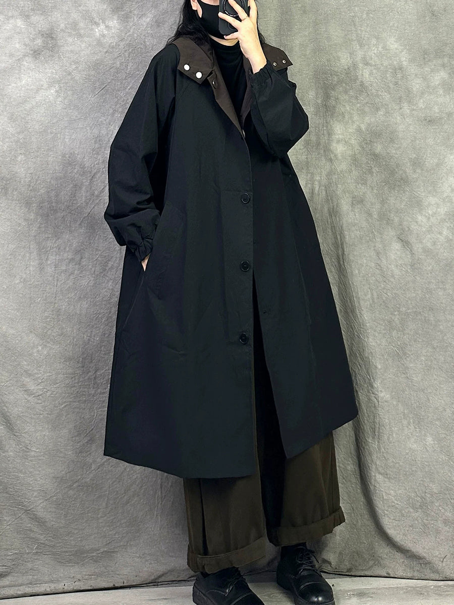 Women Casual Reversible Mid-Long Hooded Trench Coat