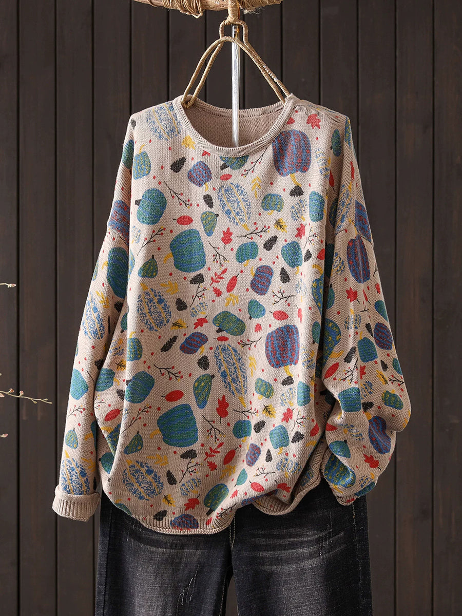 Women Fall Literary Print Long Sleeve Cotton Knit Sweater