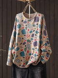 Women Fall Literary Print Long Sleeve Cotton Knit Sweater