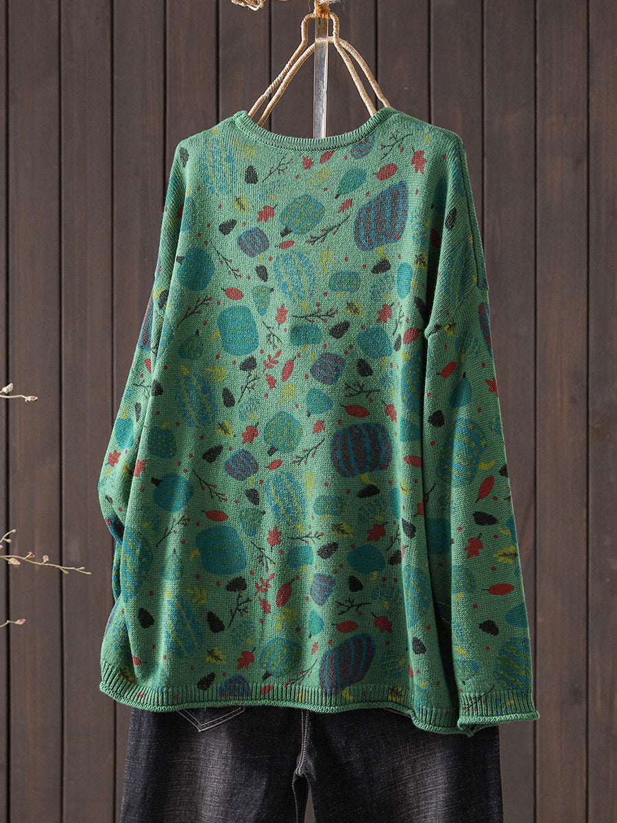 Women Fall Literary Print Long Sleeve Cotton Knit Sweater