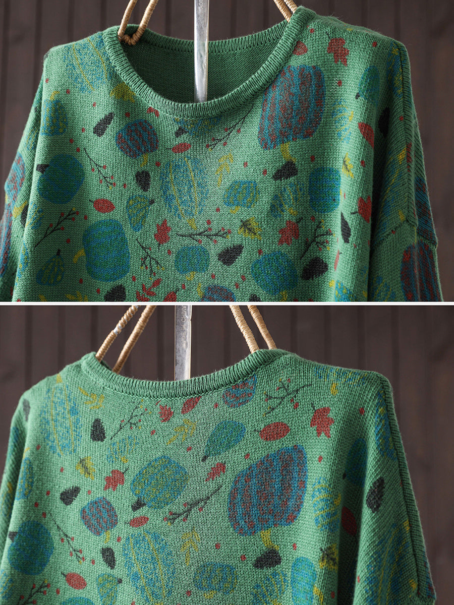 Women Fall Literary Print Long Sleeve Cotton Knit Sweater
