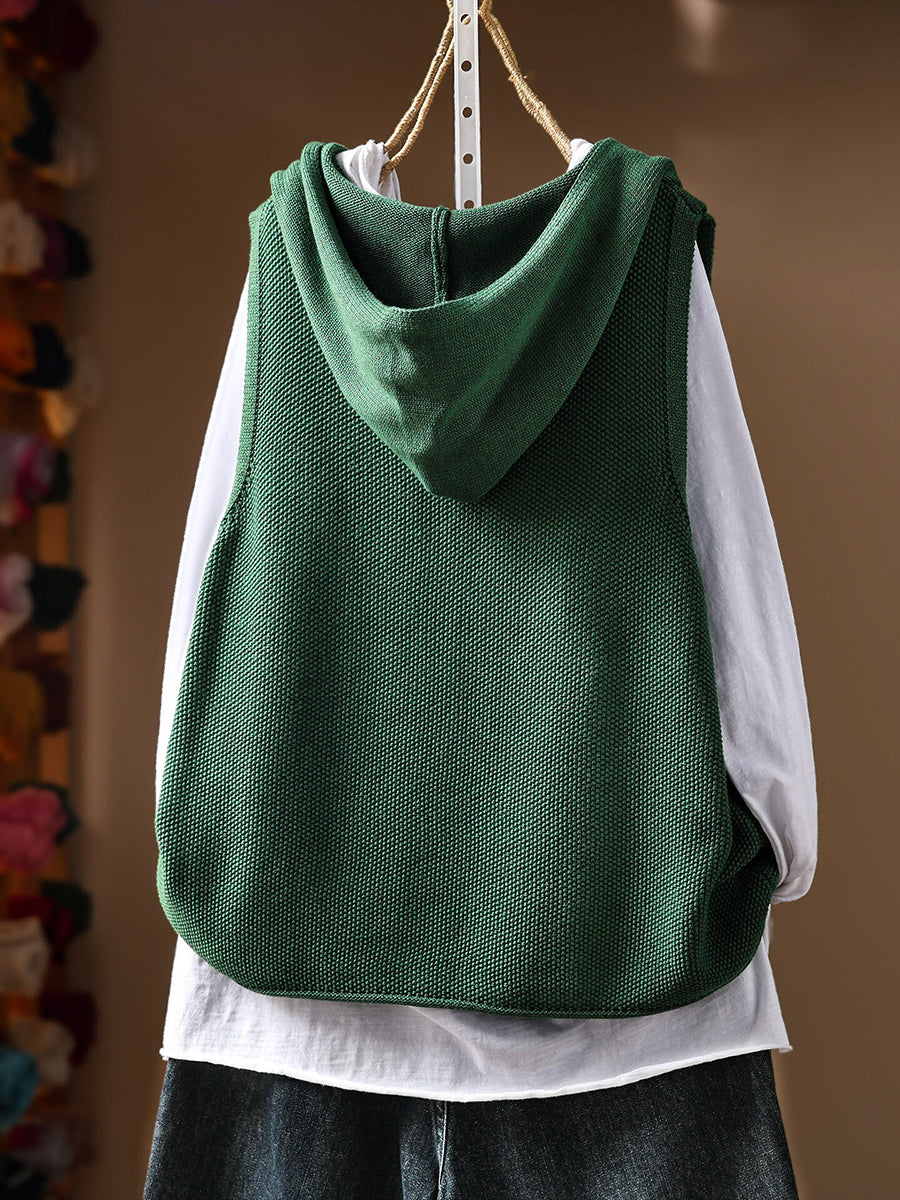 Women Autumn Casual Cropped Hooded Sleeveless Outerwear Knit Vest