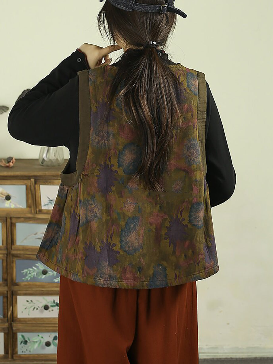 Women Vintage Square Neck Printed Bound-Edge Vest