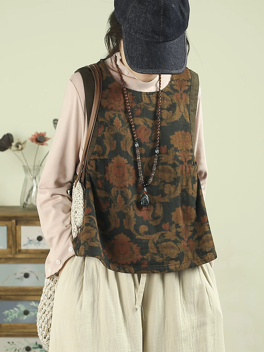 Women Vintage Square Neck Printed Bound-Edge Vest