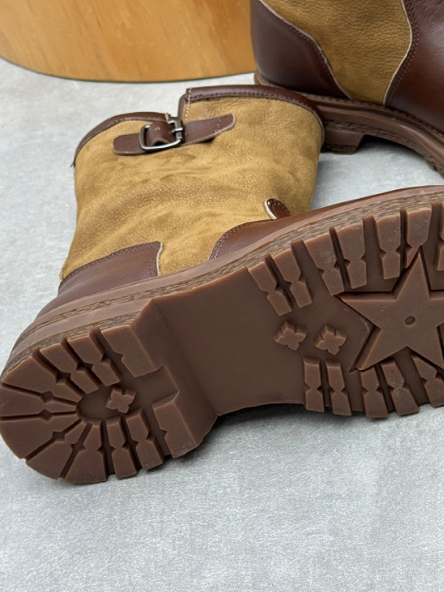 Women Genuine Leather Color-Block Round Toe Mid-Calf Riding Boots
