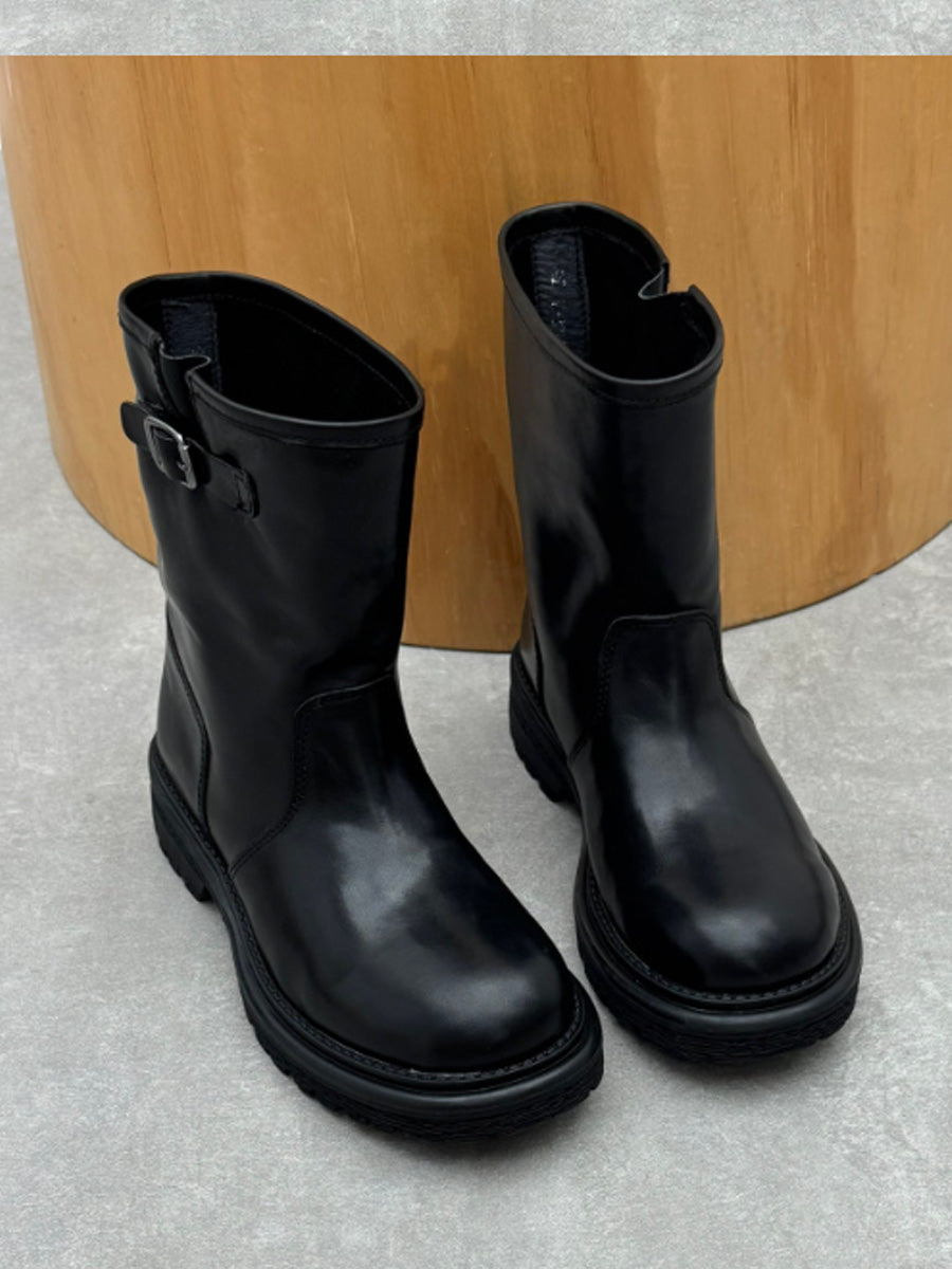 Women Genuine Leather Color-Block Round Toe Mid-Calf Riding Boots