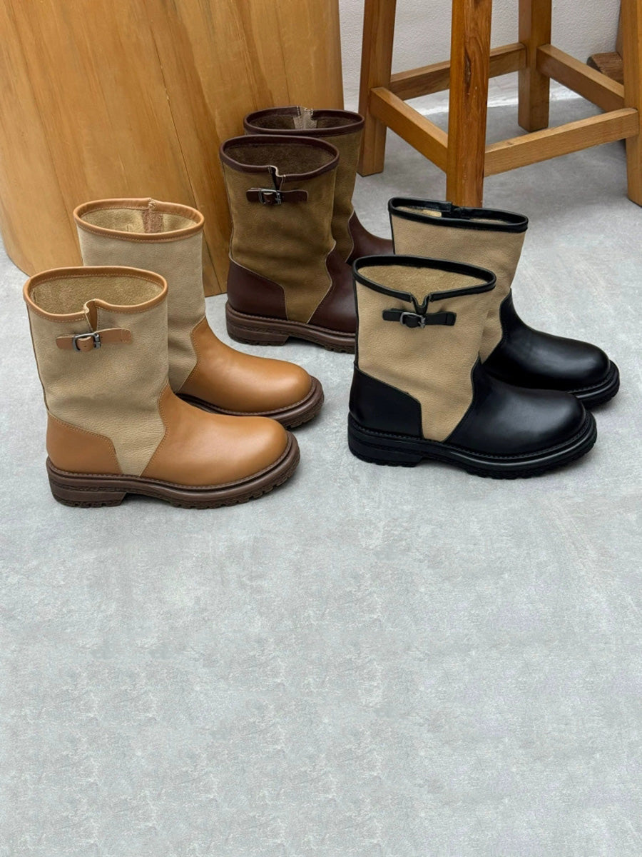 Women Genuine Leather Color-Block Round Toe Mid-Calf Riding Boots