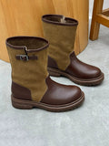 Women Genuine Leather Color-Block Round Toe Mid-Calf Riding Boots