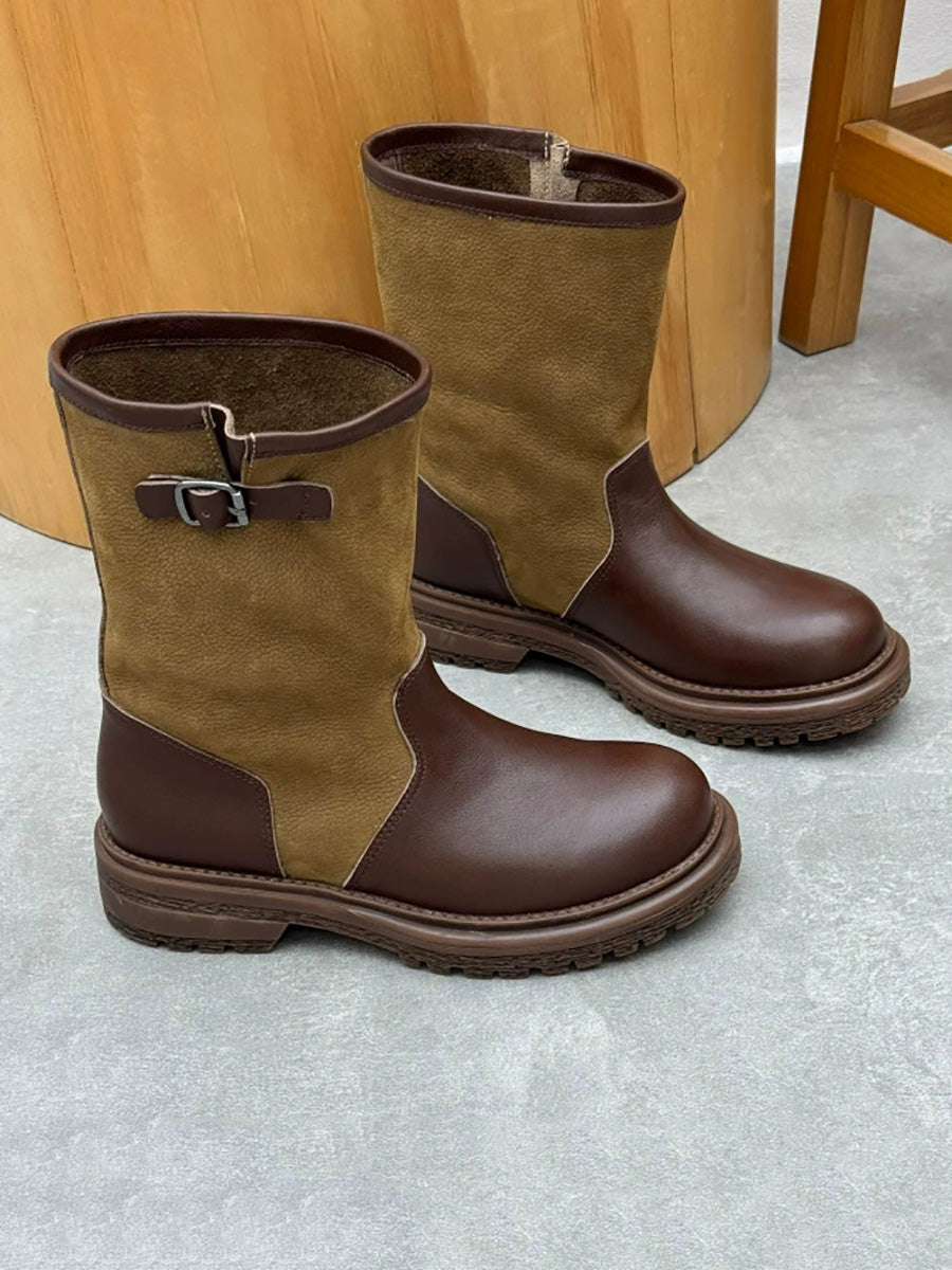 Women Genuine Leather Color-Block Round Toe Mid-Calf Riding Boots