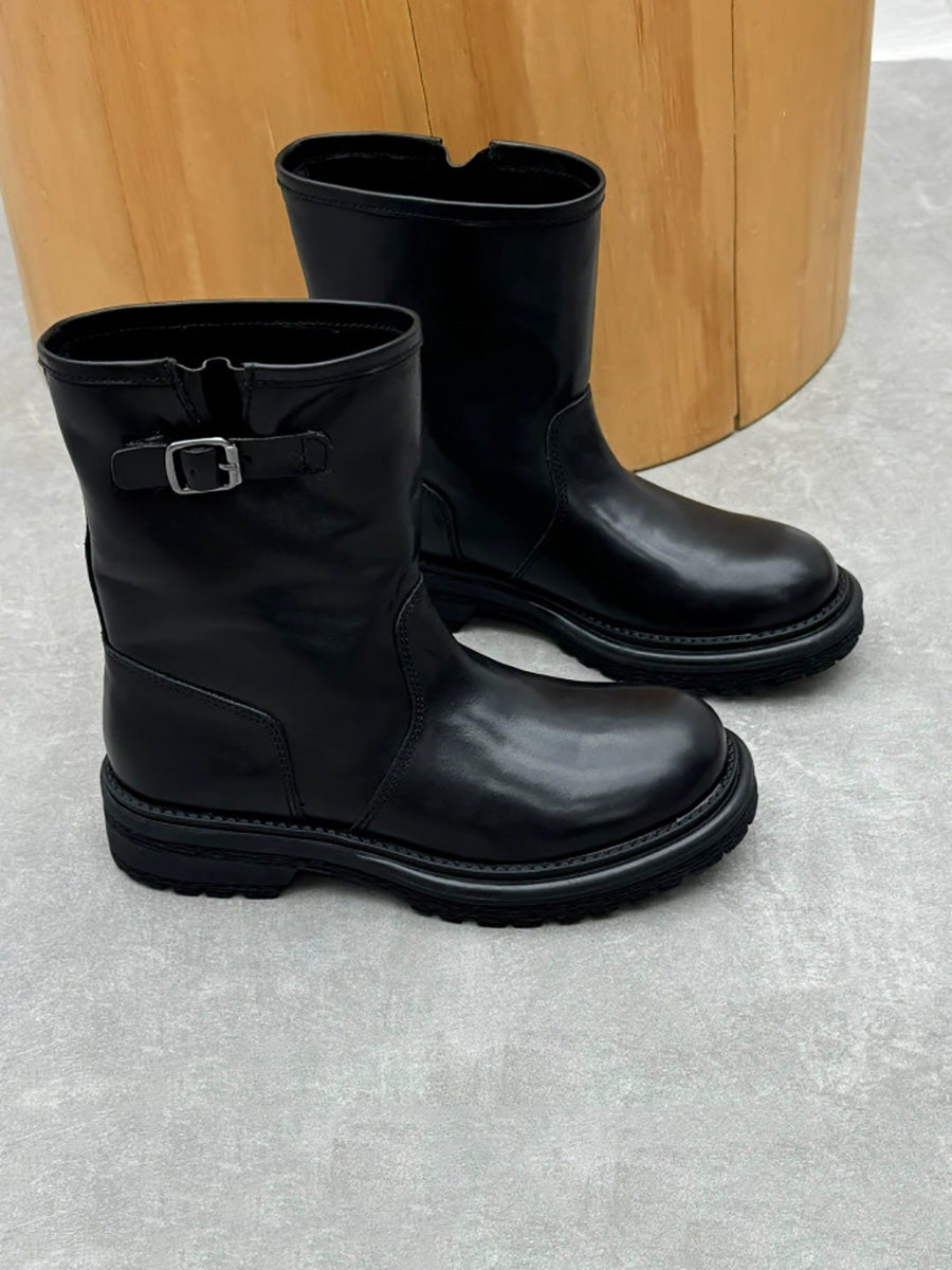 Women Genuine Leather Color-Block Round Toe Mid-Calf Riding Boots