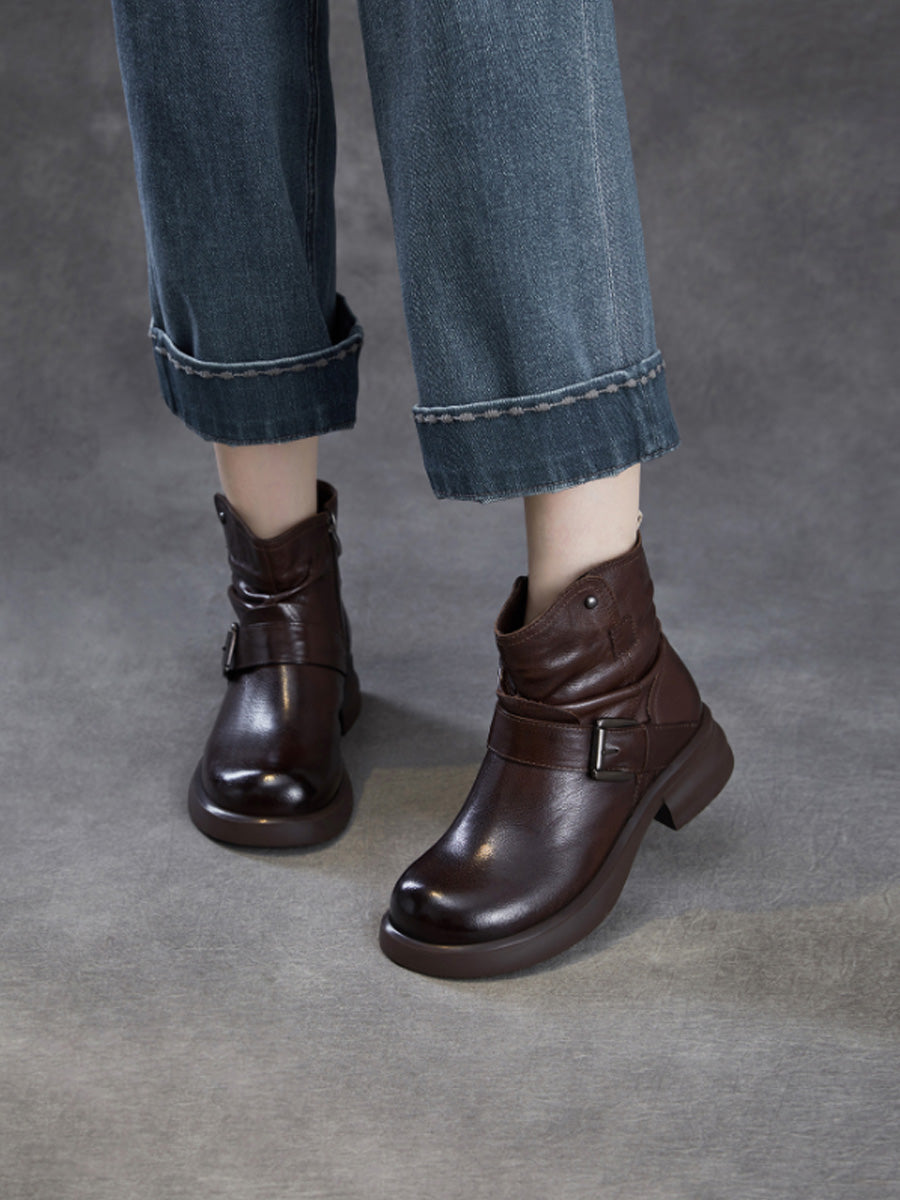 Women Genuine Leather Ruched Buckle Martin Boots