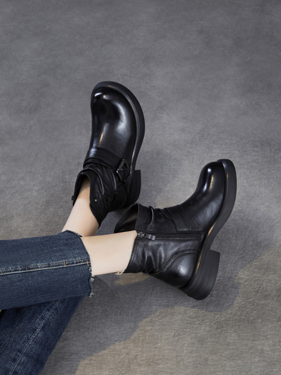 Women Genuine Leather Ruched Buckle Martin Boots