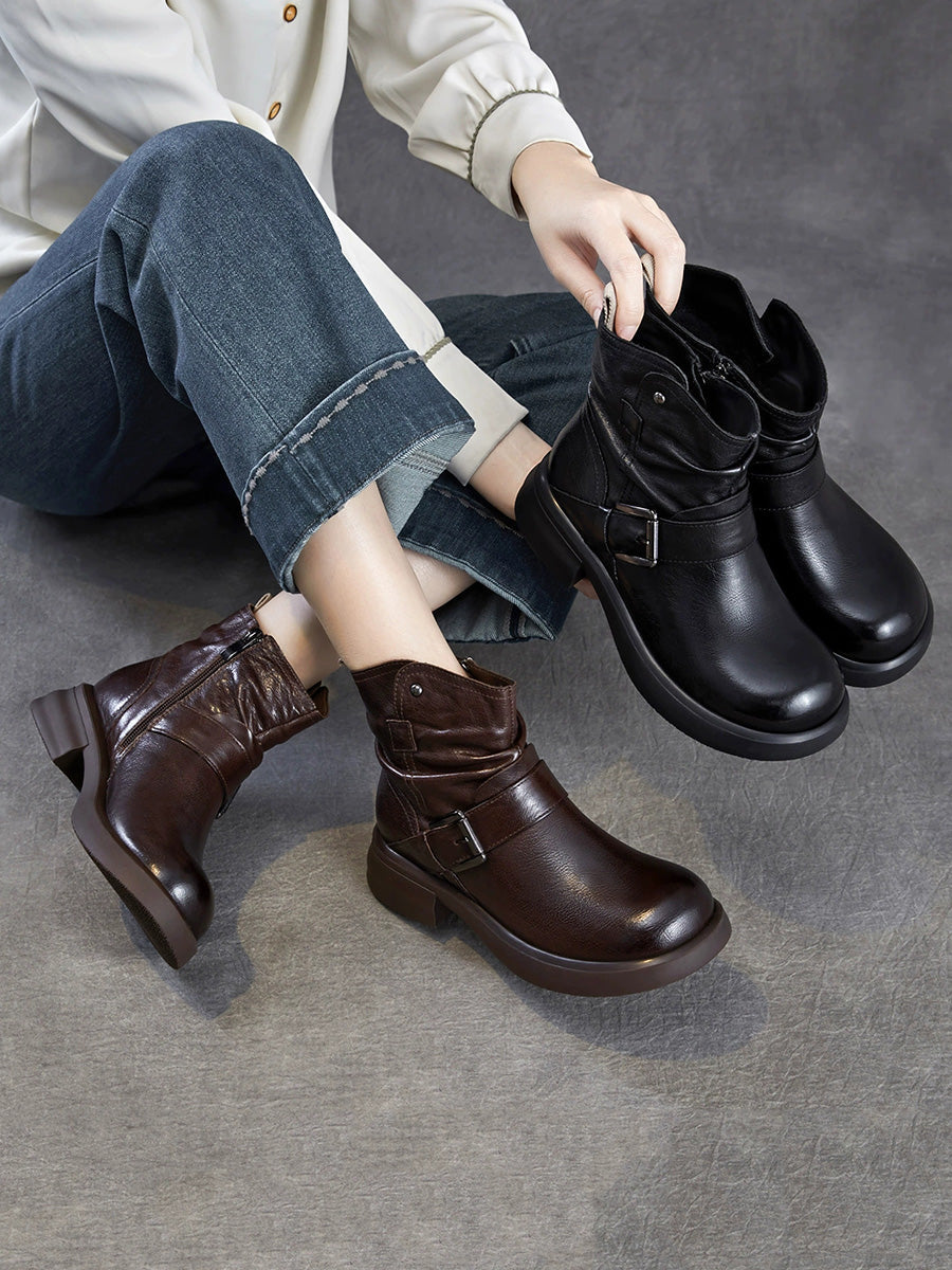 Women Genuine Leather Ruched Buckle Martin Boots