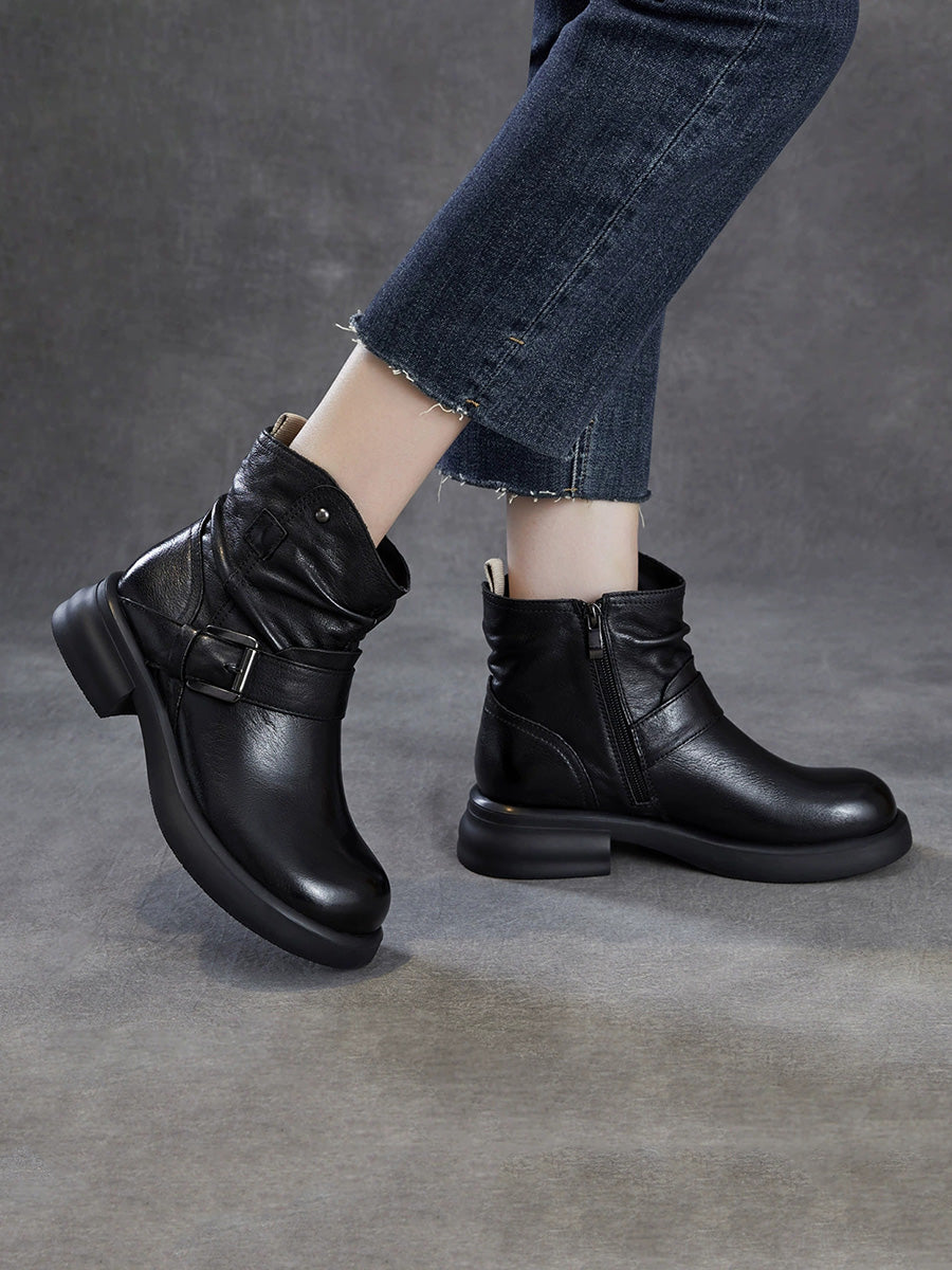 Women Genuine Leather Ruched Buckle Martin Boots