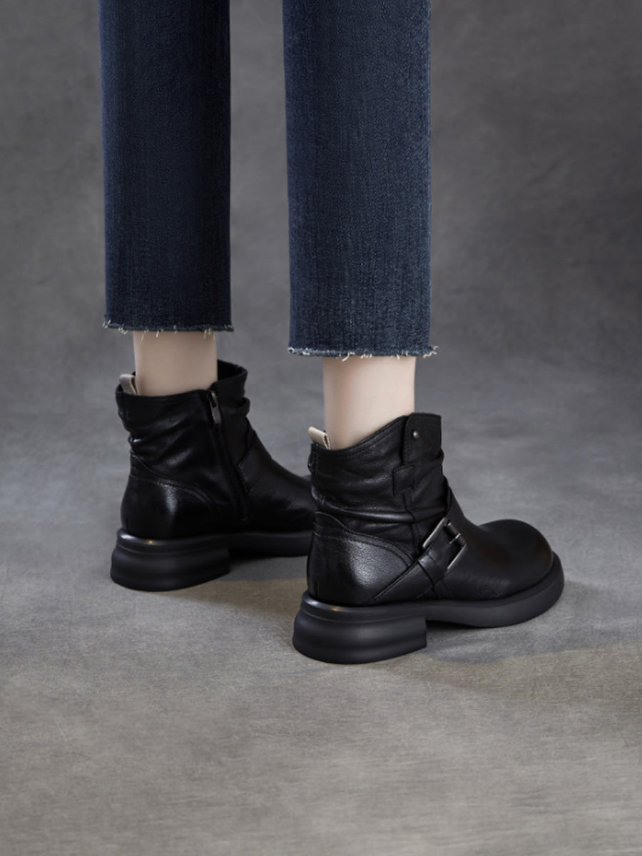 Women Genuine Leather Ruched Buckle Martin Boots