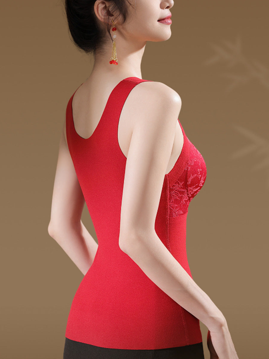 Women Jacquard Thermal Vest – Double-Brushed Built-in Bra Wearable Tank Top