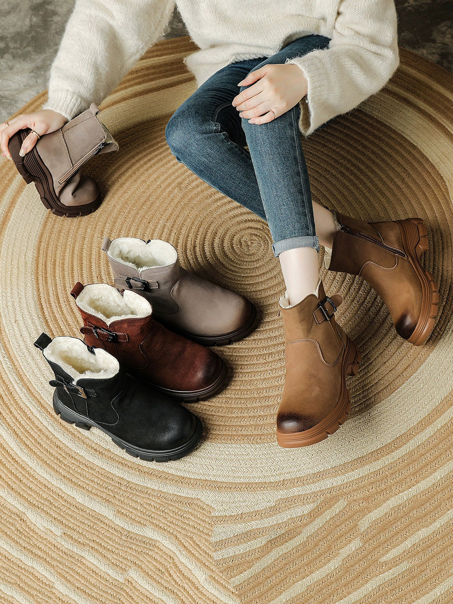 Women Winter Genuine Leather Wool-Lined Casual Martin Boots