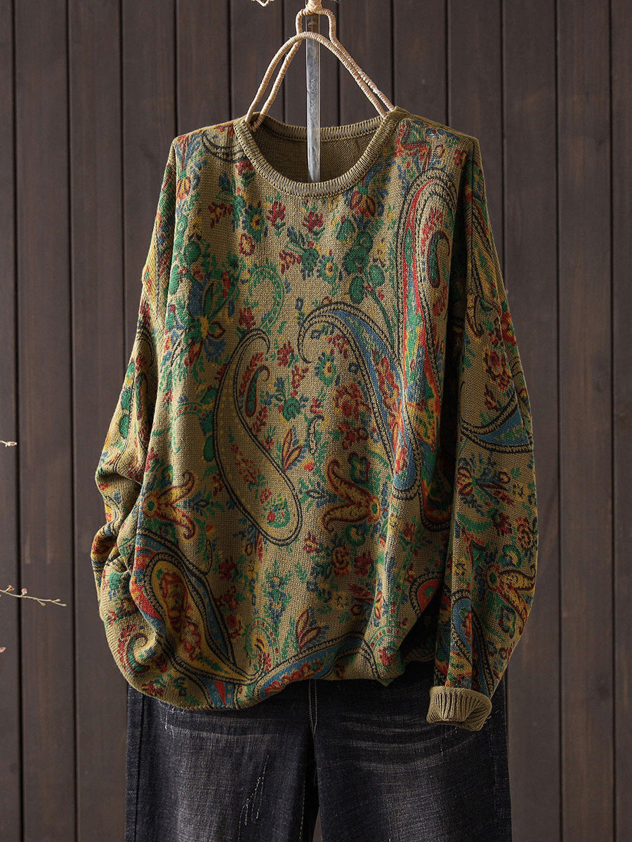 Women Vintage Paisley Print Loose Knit Sweater