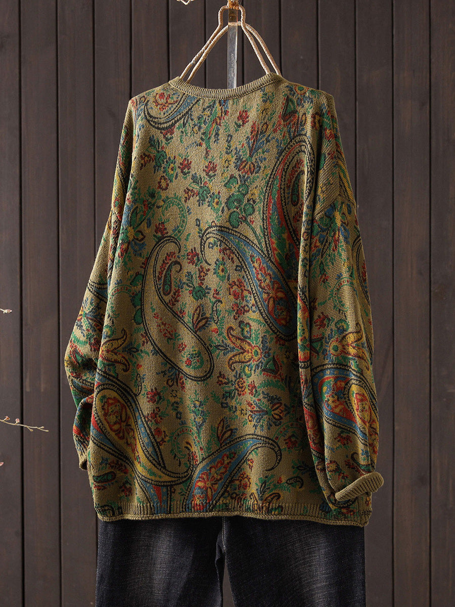 Women Vintage Paisley Print Loose Knit Sweater