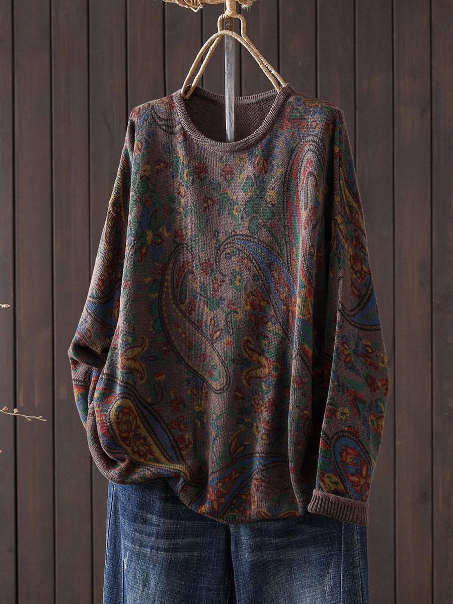 Women Vintage Paisley Print Loose Knit Sweater