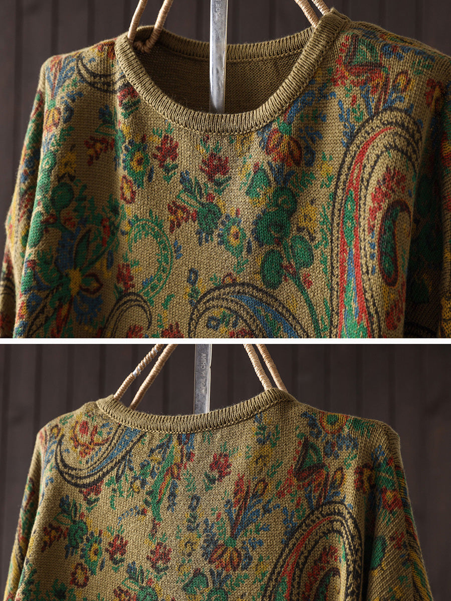 Women Vintage Paisley Print Loose Knit Sweater