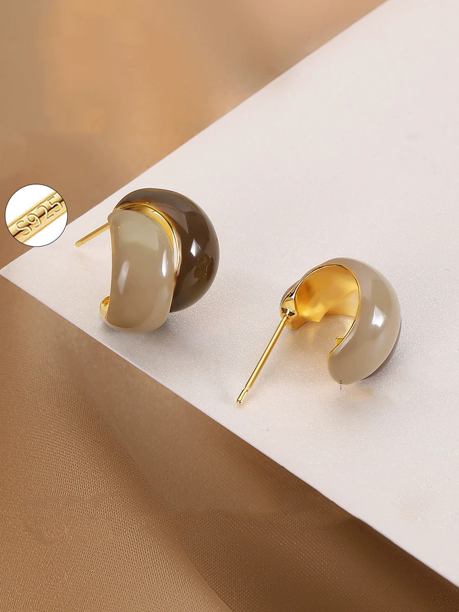 Women Two-Tone Glazed Hoop Silver Needle Earrings