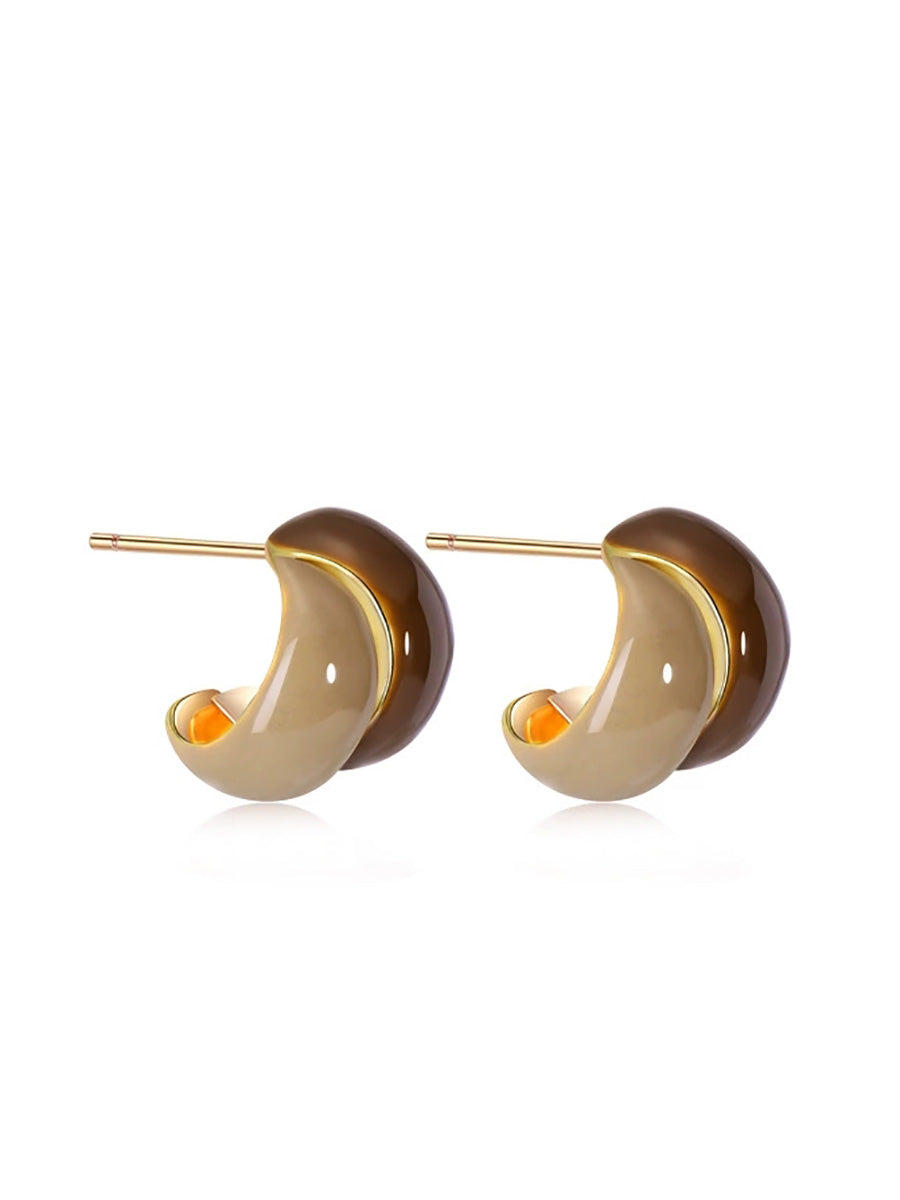 Women Two-Tone Glazed Hoop Silver Needle Earrings