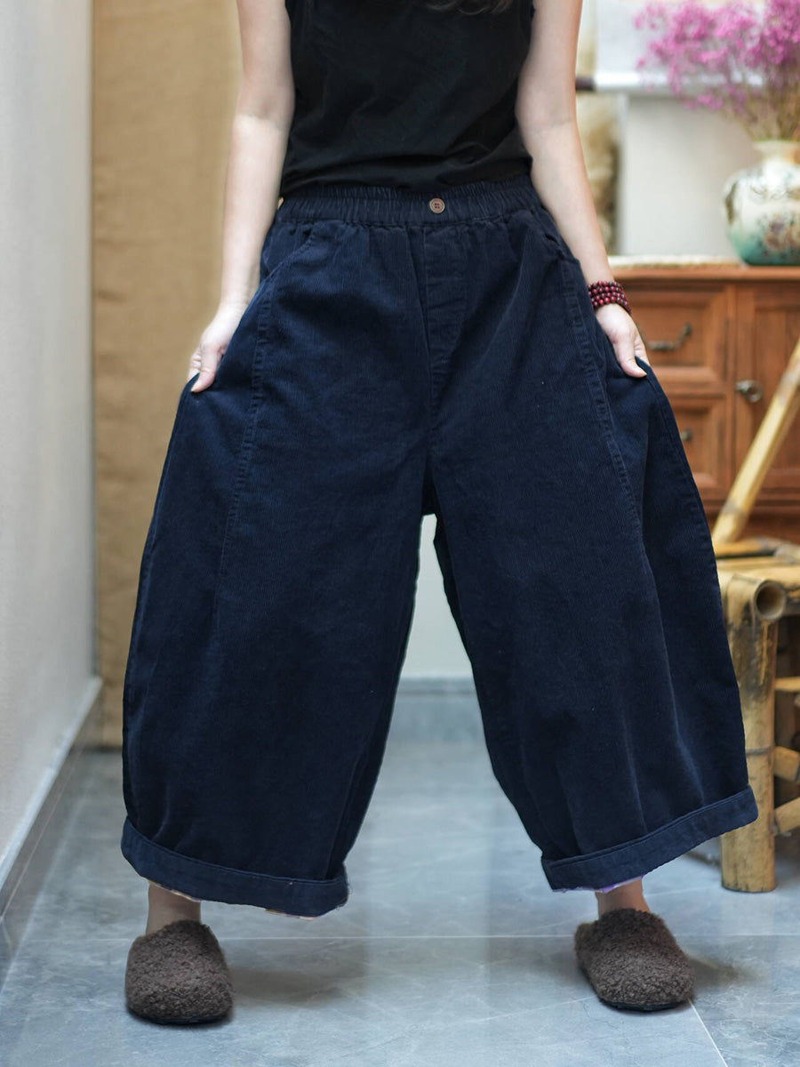 Women Lazy Style Corduroy Loose Cropped Wide-Leg Pants