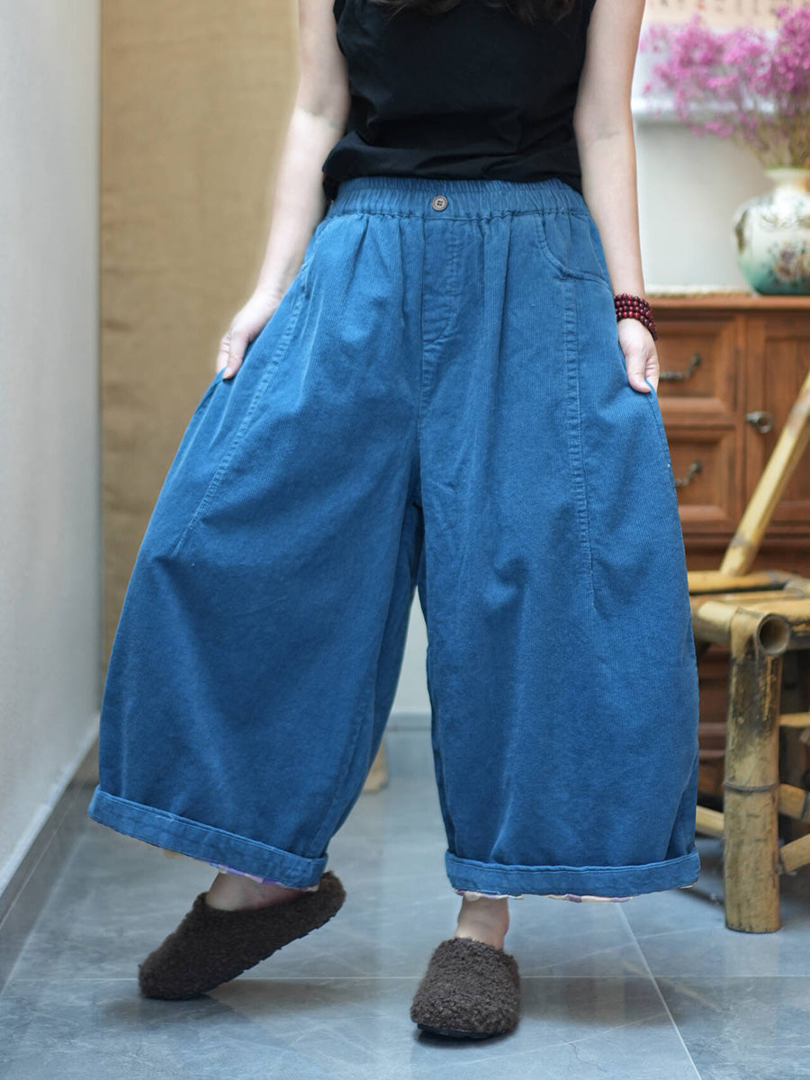 Women Lazy Style Corduroy Loose Cropped Wide-Leg Pants
