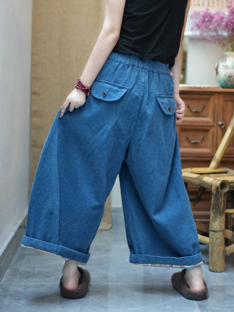 Women Lazy Style Corduroy Loose Cropped Wide-Leg Pants