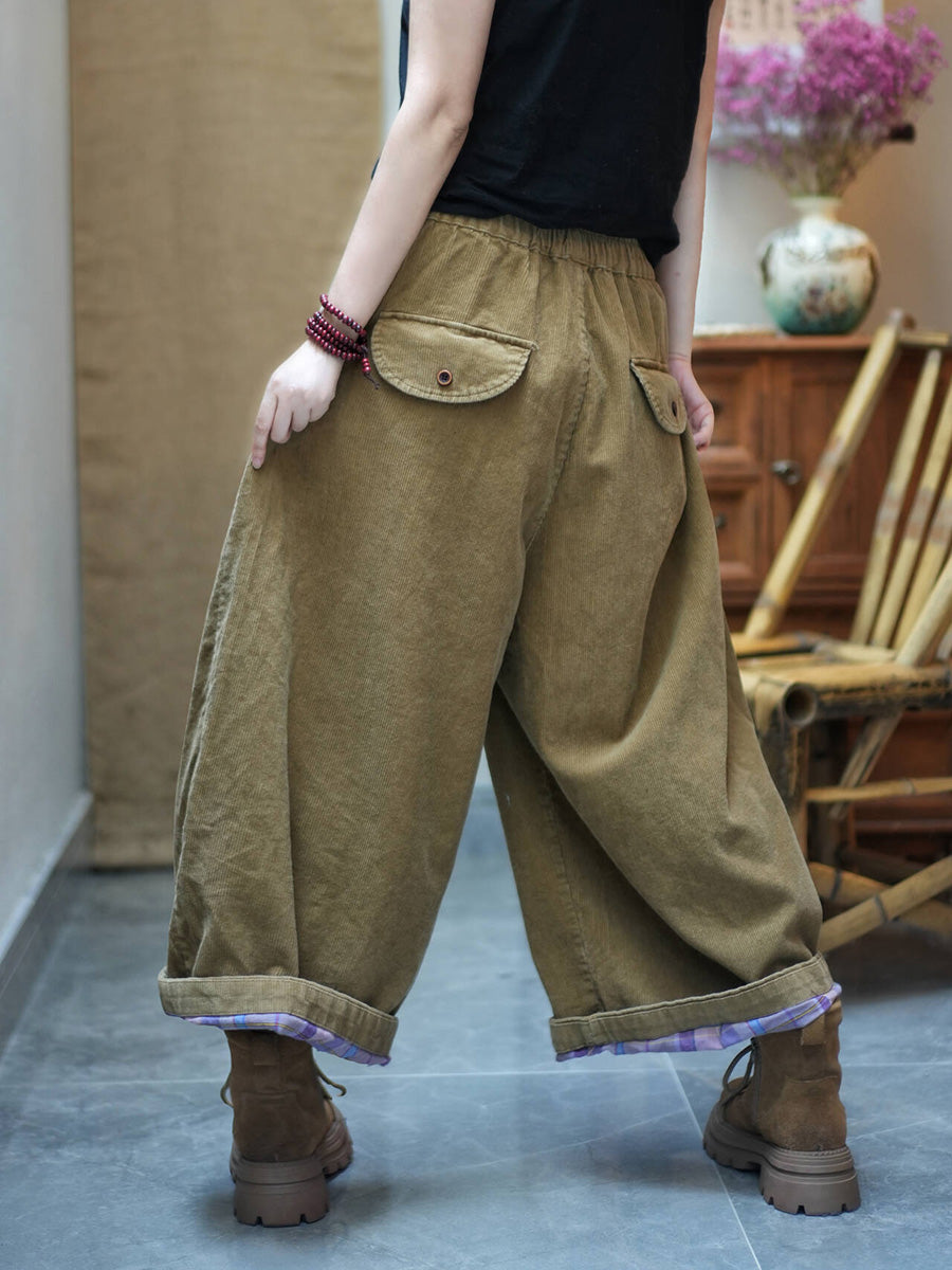 Women Lazy Style Corduroy Loose Cropped Wide-Leg Pants